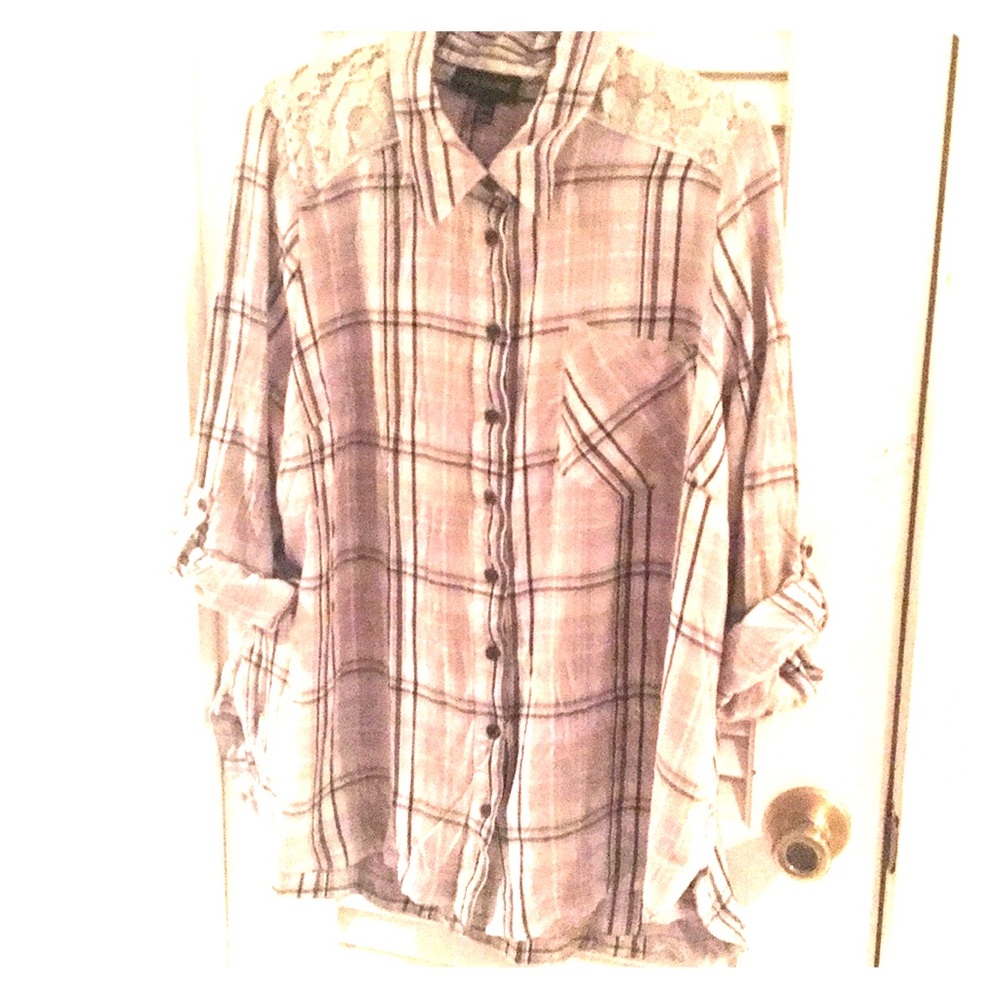 Plaid button-down top with lace accents